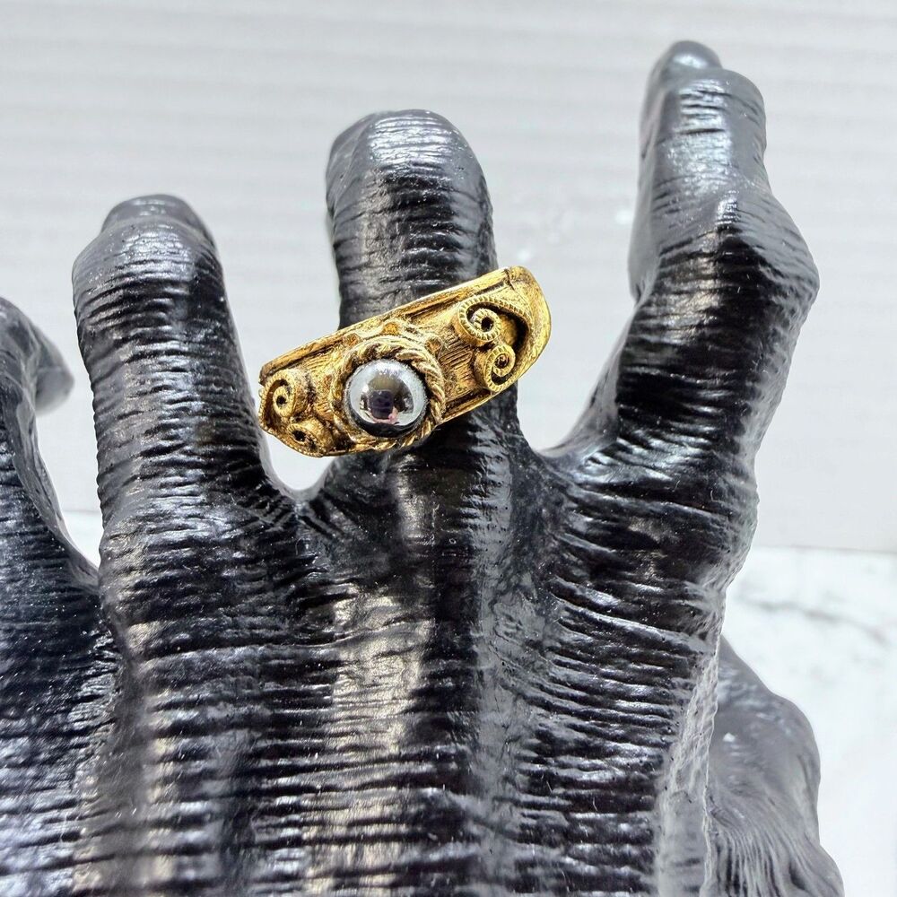 Vintage Vogue Signed Gold-Tone Scroll Ring, Adjustable Band, Gray Cabochon